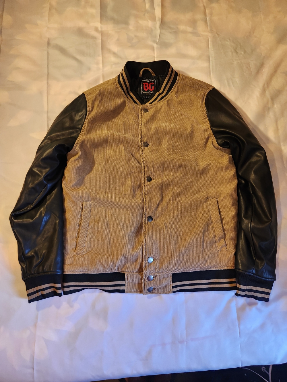 BG Men’s Brown Wool-Blend Varsity Jacket with Black Leather Sleeves